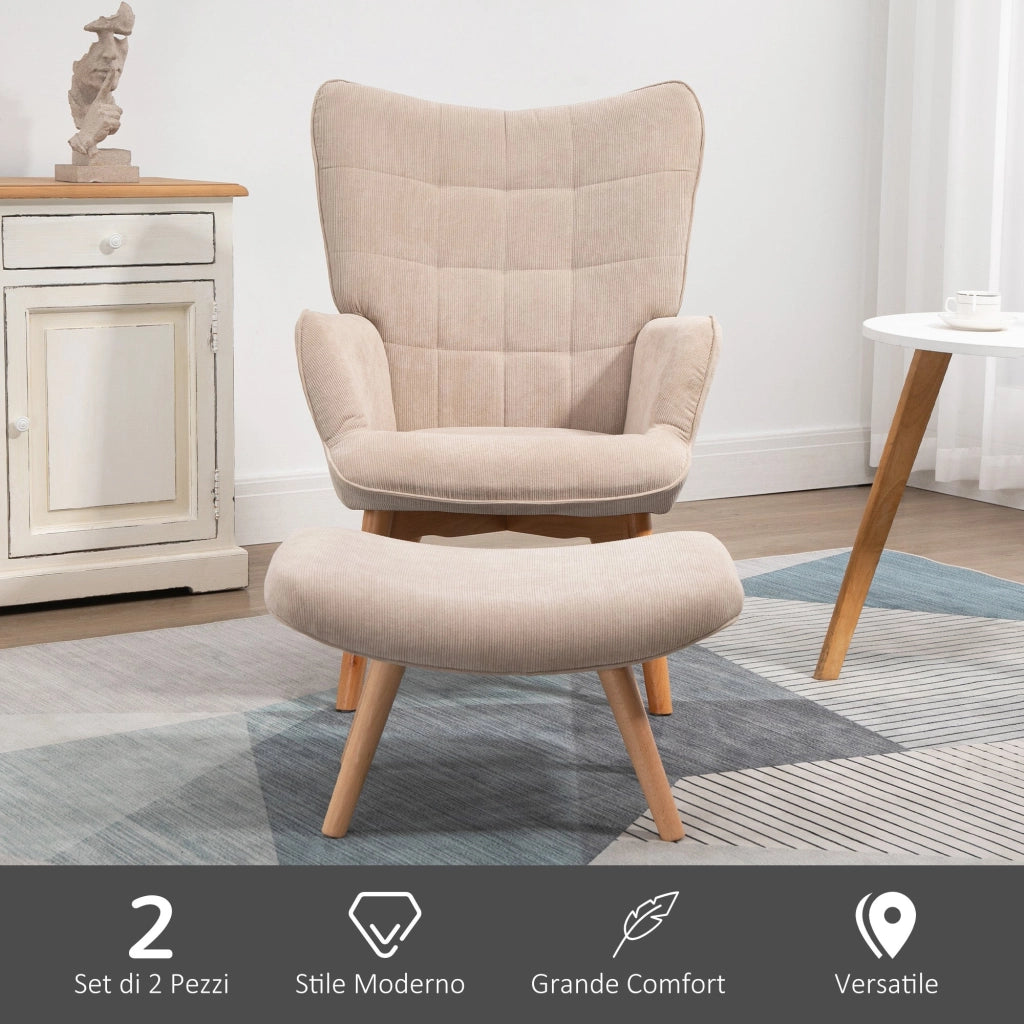Poltrona Relax con Pouf Poggiapiedi in Velluto a Costine Beige