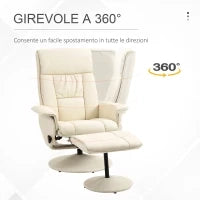 Poltrona Relax Reclinabile fino 135° con Seduta Girevole e Pouf Poggiapiedi, 78x84x110cm, Crema