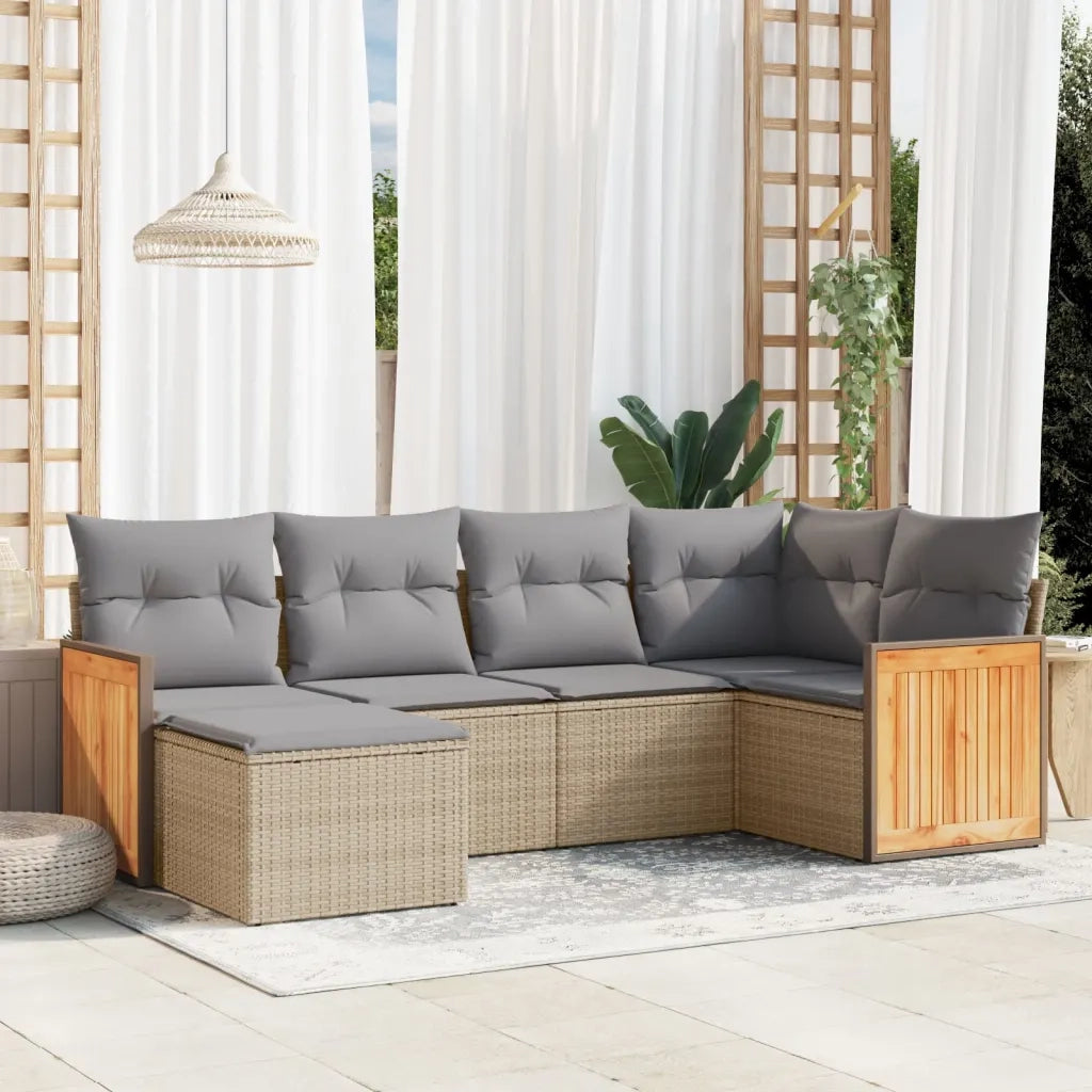 Set Divano da Giardino 6 pz con Cuscini Beige in Polyrattan