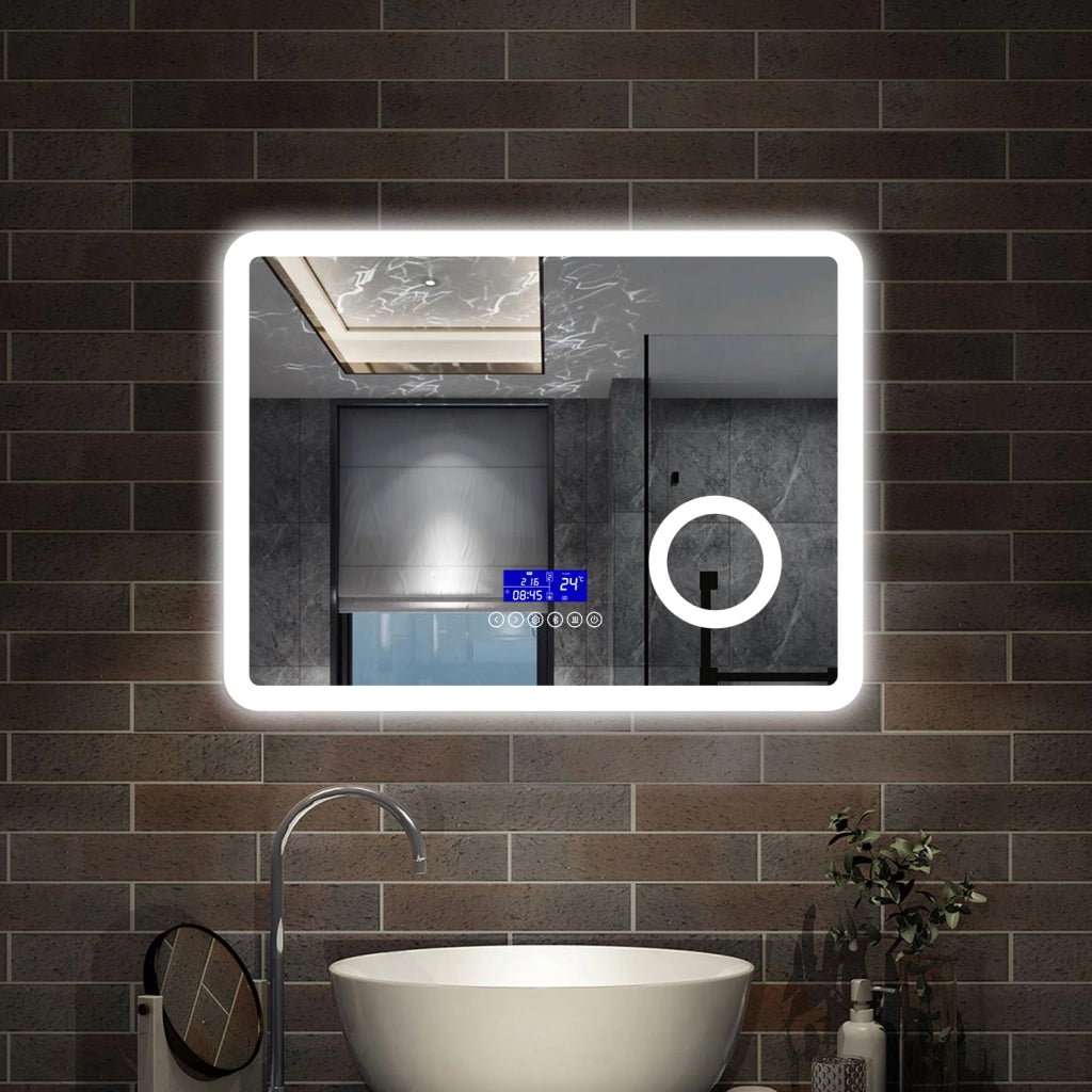 specchio rettangolare 80x60 cm con luce dimmerabile a 3 colori, bluetooth, antiappannamento e ingranditore 3x