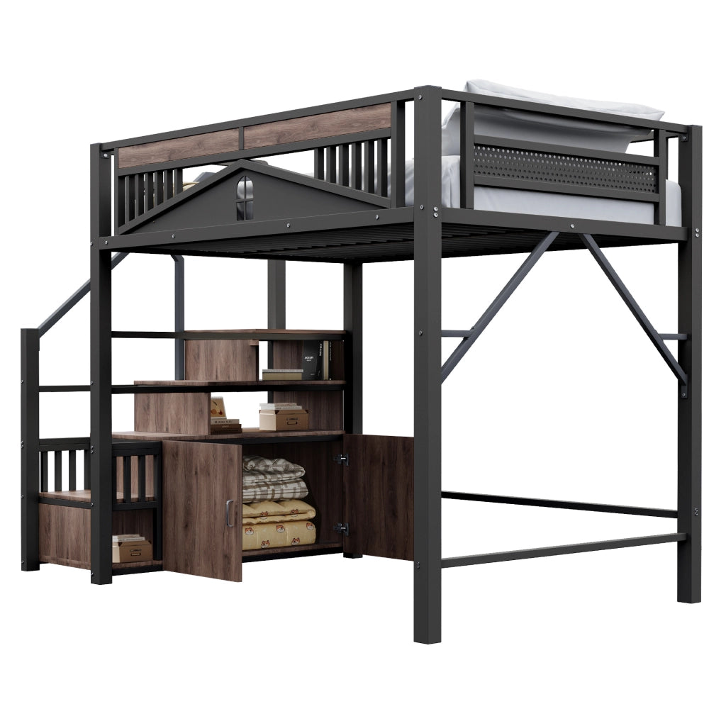 Letto a soppalco in metallo 140x200 cm con scale laterali; sponda finestrata e contenitore; nero