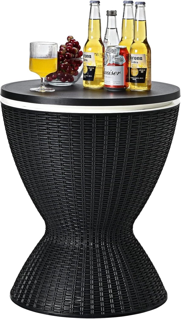 Tavolino da Giardino Allungabile in Polyrattan 30 L, Portaghiaccio per Birra/Cocktail, Tavolino da Bar per Festa Estativa (Nero)