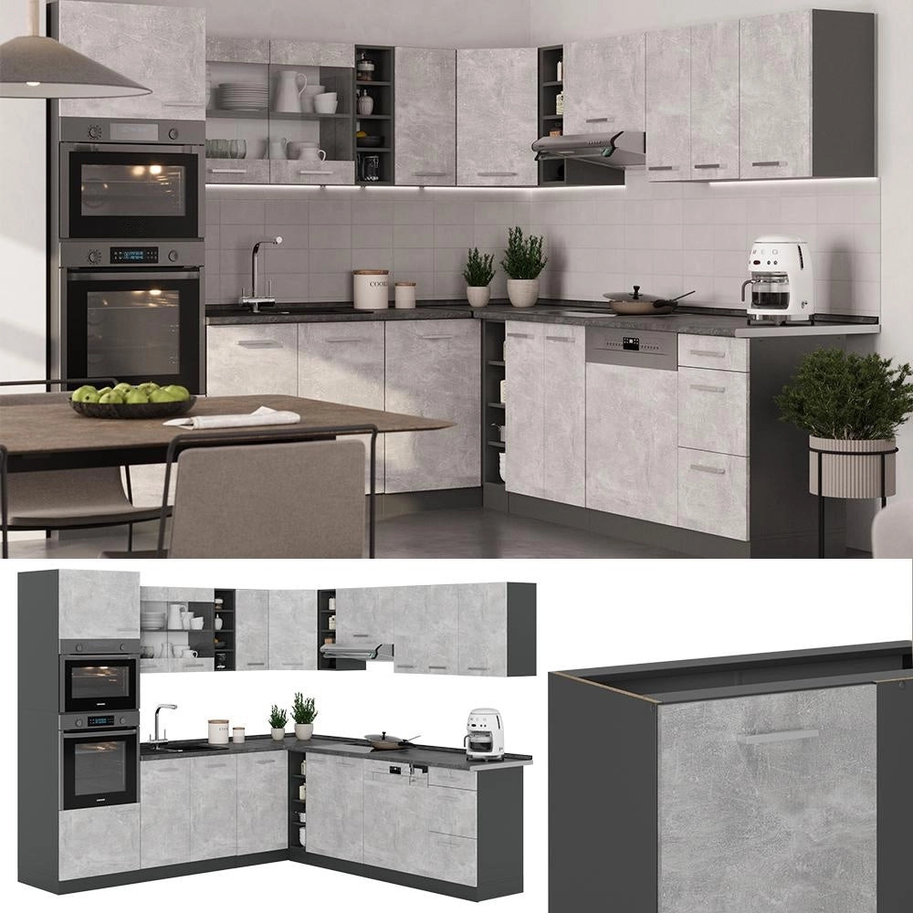 Cucina angolare completa R-Line Calcestruzzo/Antracite 247 x 237 cm senza piano di lavoro Vicco