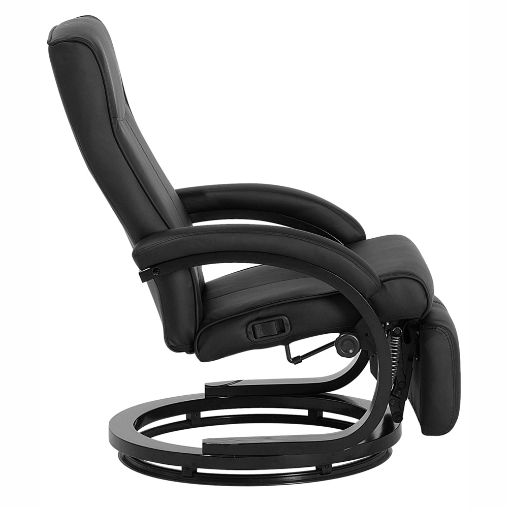 Poltrona reclinabile in ecopelle nera con schienale regolabile e base in legno poggiapiedi estraibile con schienale alto design moderno