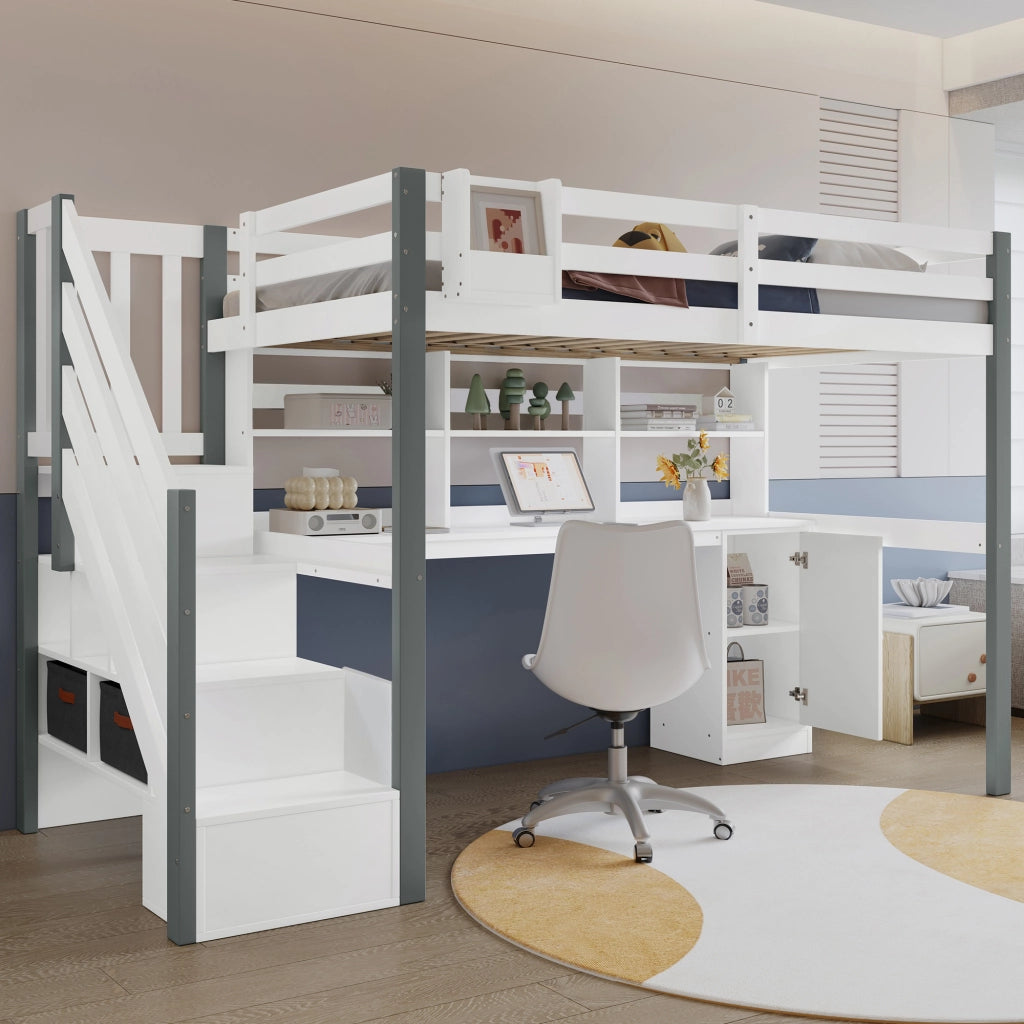 Letto a castello bianco grigio con funzione contenitore in legno e MDF 90x200 cm
