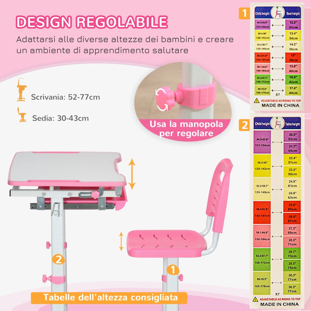 Scrivania Bambini con Sedia Regolabile ¨C zephmum ¨C 66x47x52-77 cm, Rosa