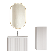 Mobile bagno sospeso con lavabo; specchio LED e colonna con vani contenitore per bagno; in MDF e vetro; bianco