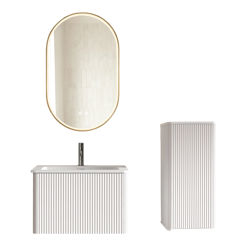 Mobile bagno sospeso con lavabo; specchio LED e colonna con vani contenitore per bagno; in MDF e vetro; bianco