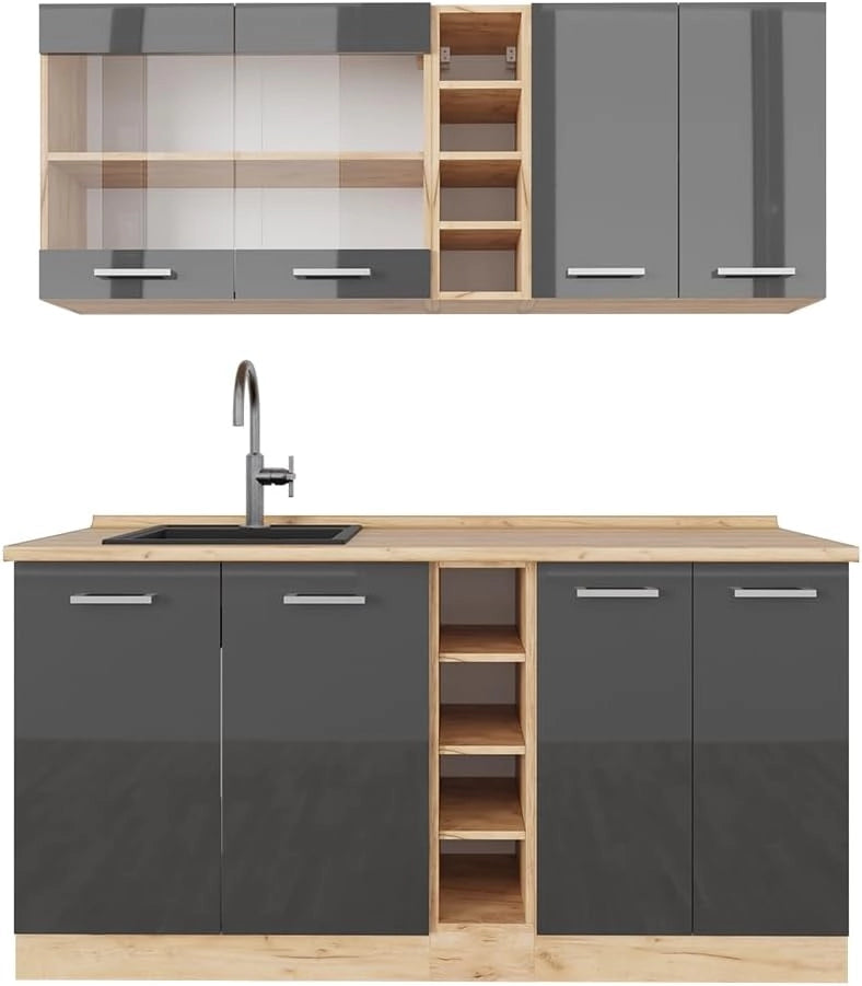 Cucina completa R-Line, Antracite lucido/oro power oak, 160 cm, PL Rovere, adatto per combinazioni ed espansioni personalizzate