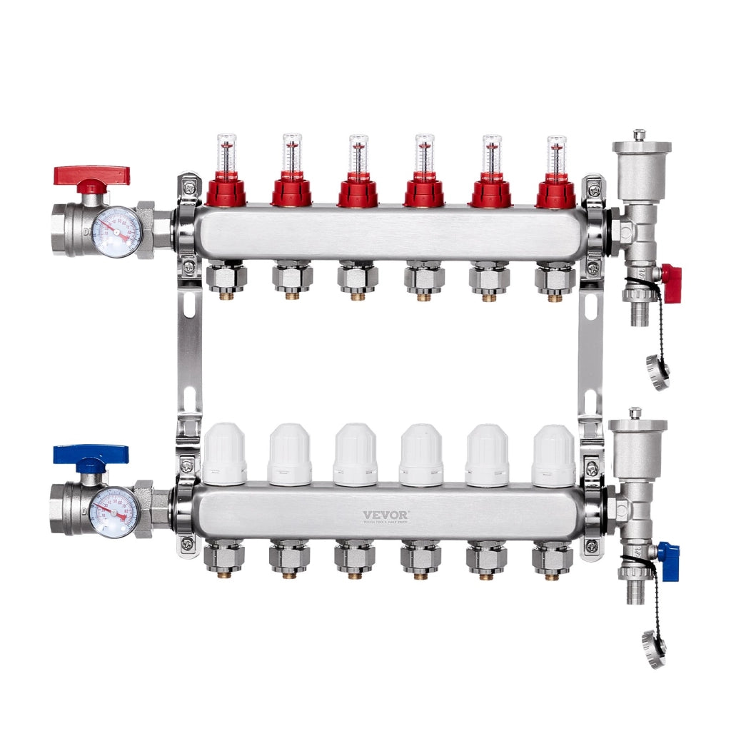 Collettore di Riscaldamento Radiante a 6 Rami, Acciaio Inossidabile SUS304, Kit per Tubi PEX da 12,7 mm, Robusto, per Pavimento Radiante Idronico