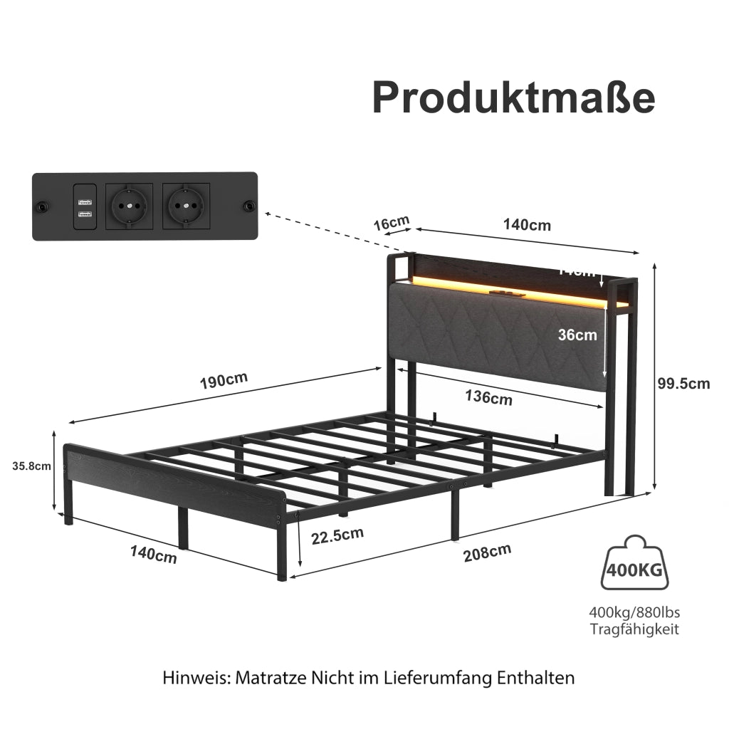 Letto imbottito 140x190 grigio scuro con 2 prese 2 USB testiera e vano contenitore