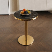 Tavolino rotondo nero e oro in MDF con base cilindrica stabile