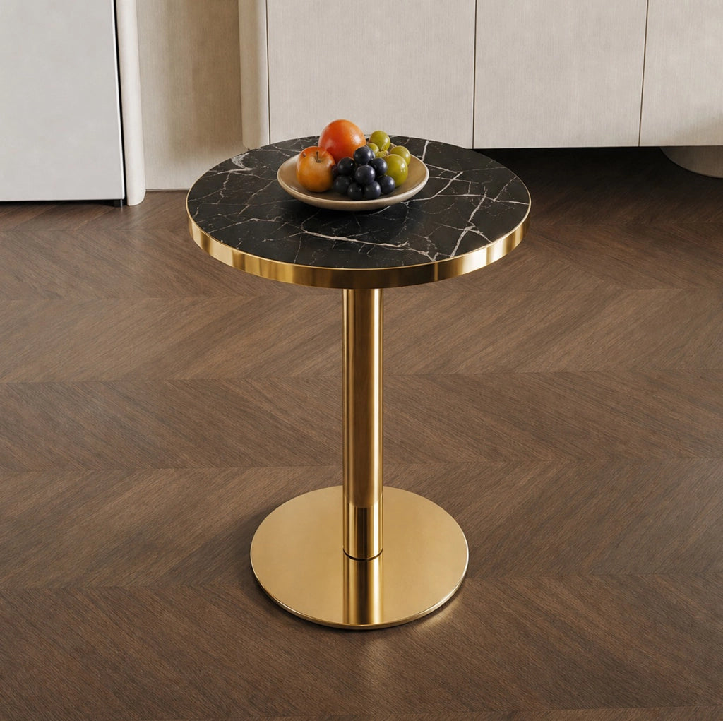 Tavolino rotondo nero e oro in MDF con base cilindrica stabile