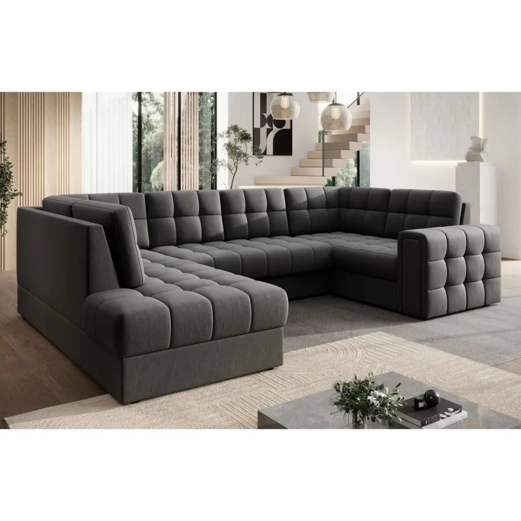 Divano angolare convertibile MONTEZA grigio scuro sinistro 299 cm con baule e letto