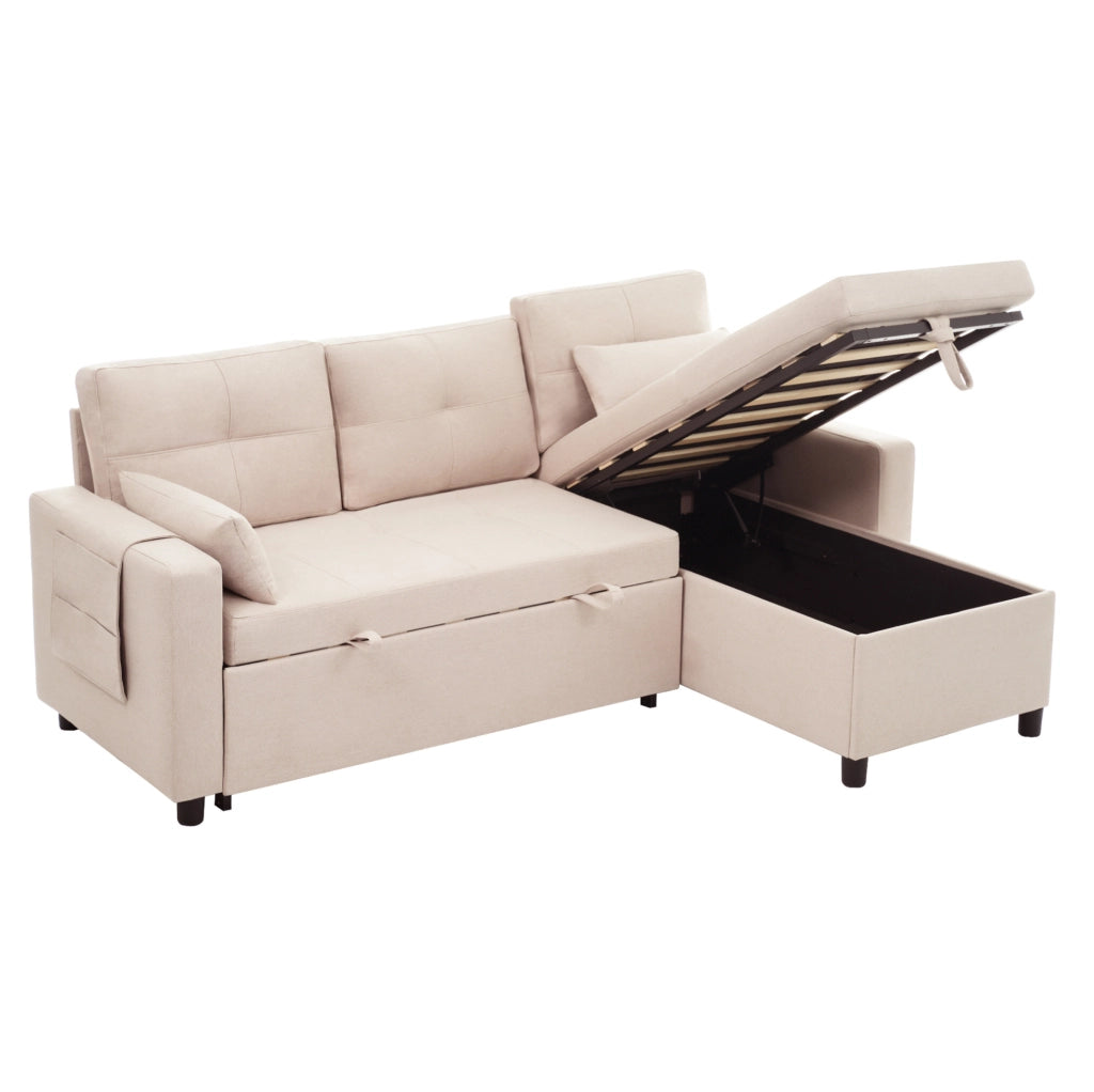 Divano letto angolare 211x136x87 cm estraibile modulare con contenitore in lino beige