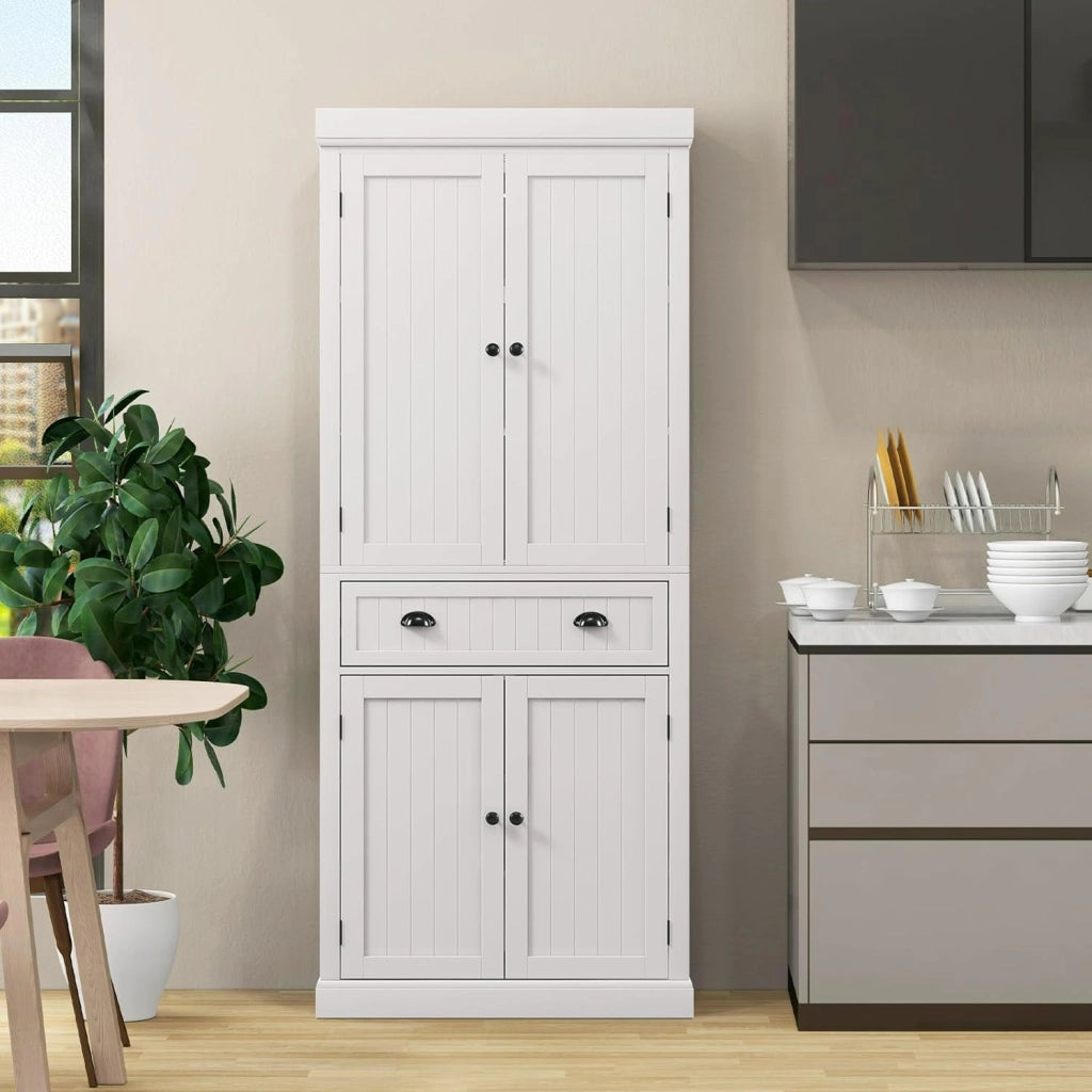 Credenza Alta Cucina, Mobile da Cucina Moderno con 2 Ante e Cassetto, con Ripiani Regolabili, Dispensa Cucina per Soggiorno, Cucina e Sala da Pranzo, 76 x 40 x 183 cm (Bianco)