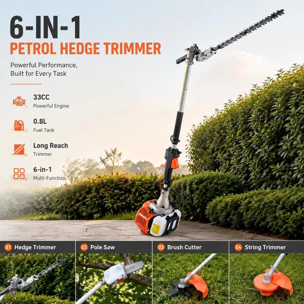 6-in-1 Petrol Hedge Trimmer, 33cc Long-reach Hedge Trimmer, 0.8L