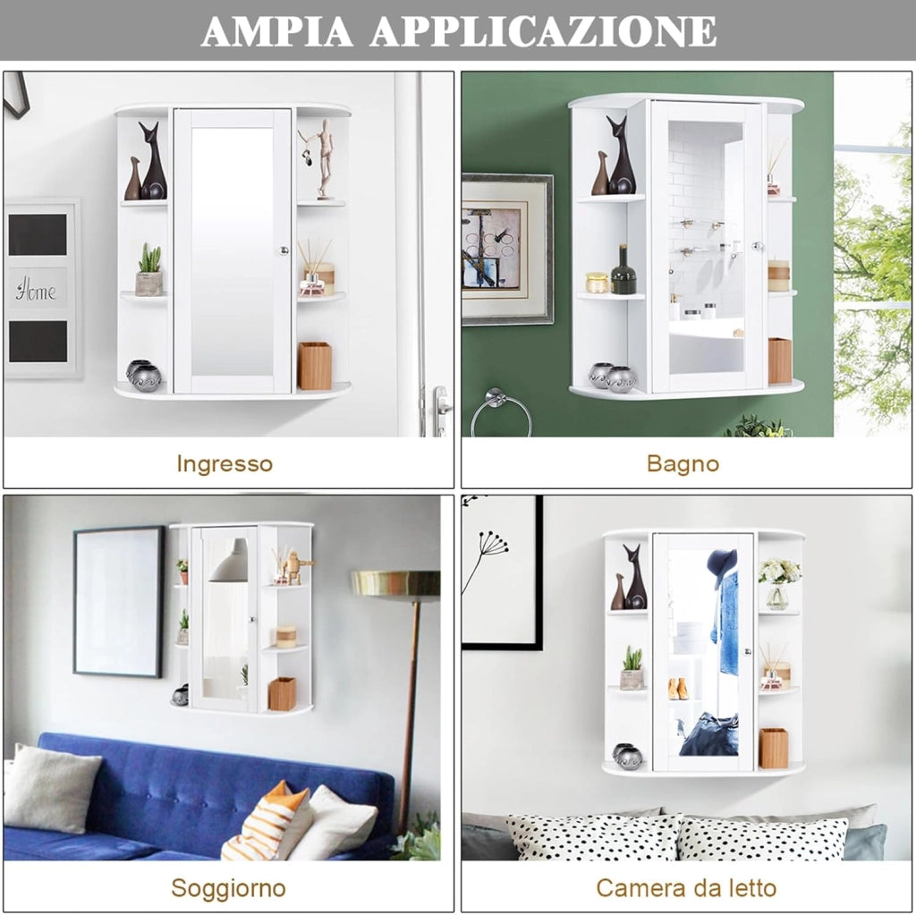 Armadietto al Muro con Specchio, Armadietto dei Medicinali Moderno, Organizer Bagno con Mensole, Ideale per Lavanderia Camerino e Salone, 60 x 16,5 x 70,5 cm (Bianco)