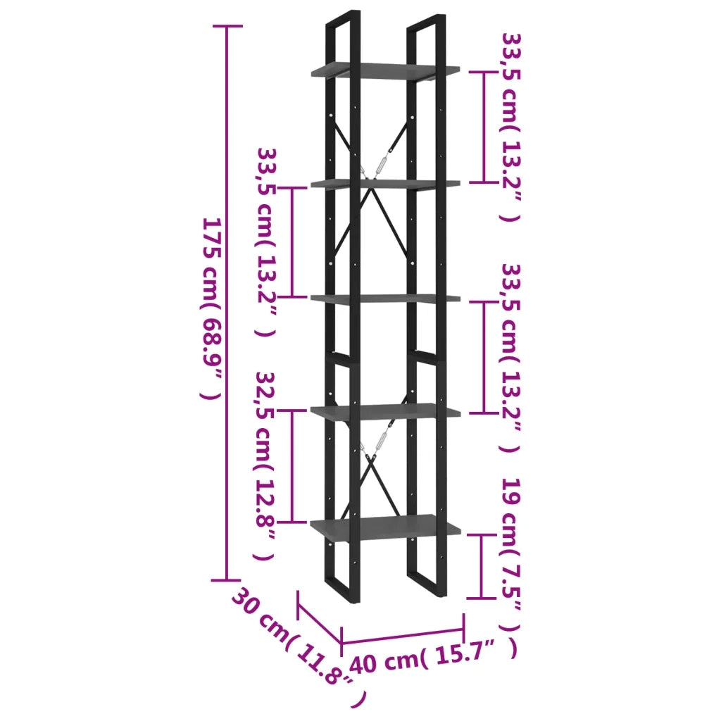 Libreria a 5 Ripiani-Scaffale per Libri-Mobile di Stoccaggio Grigia 40x30x175 cm in Legno Multistrato