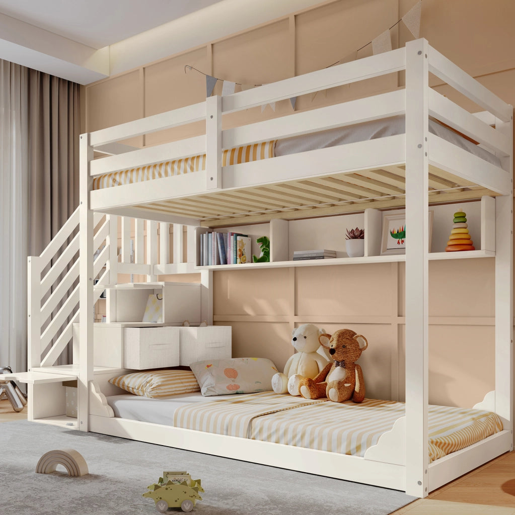 Letto a castello 90x200 cm bianco con scala contenitore, ripiani e protezioni