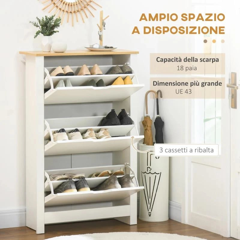 SCARPIERA SLIM PER 18 PAIA DI SCARPE, 3 CASSETTI CON 2 RIPIANI REGOLABILI E RIMOVIBILI, 72X26X112 CM, BIANCO