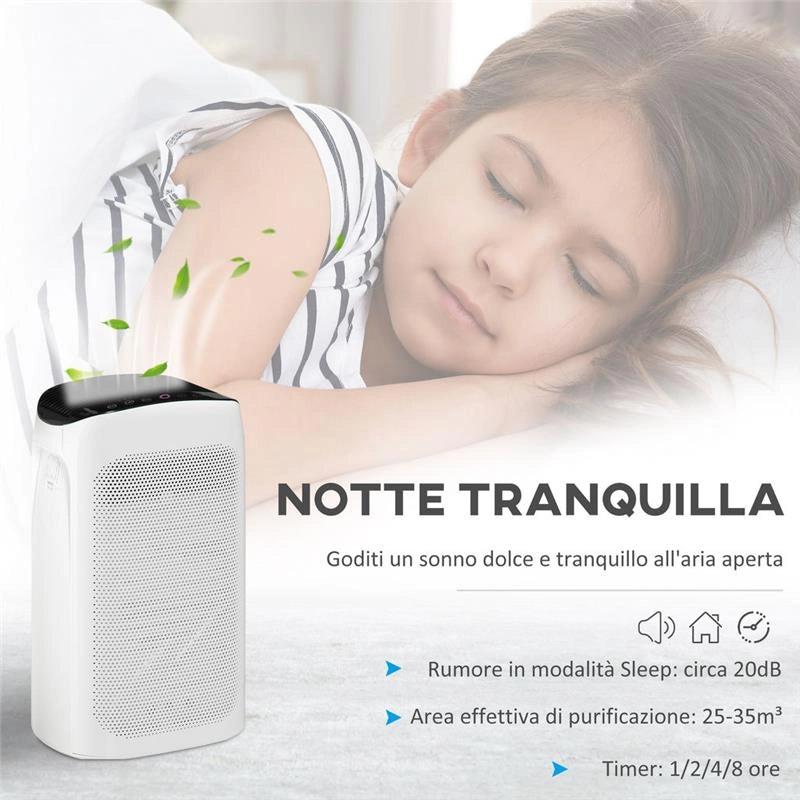 PURIFICATORE D'ARIA FILTRO HEPA TRIPLO STRATO, 3 VELOCITÀ, MODALITÀ SONNO E TIMER, 32.7X22X55.8CM, BIANCO