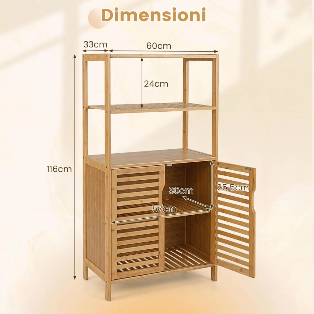 Scaffale in Bambù con Ante, Libreria a 4 Ripiani con Mensole Aperte e Armadio con Persiane, Organizzatore di Stoccaggio per Soggiorno Studio Cucina, 60 x 33 x 116 cm