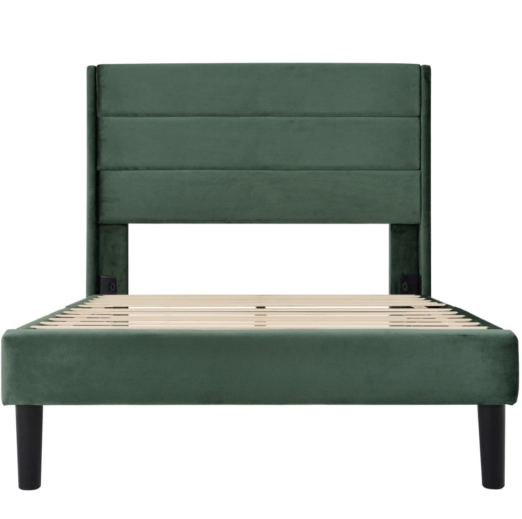 Letto imbottito 90 x 200 cm in velluto verde scuro con rete e testiera