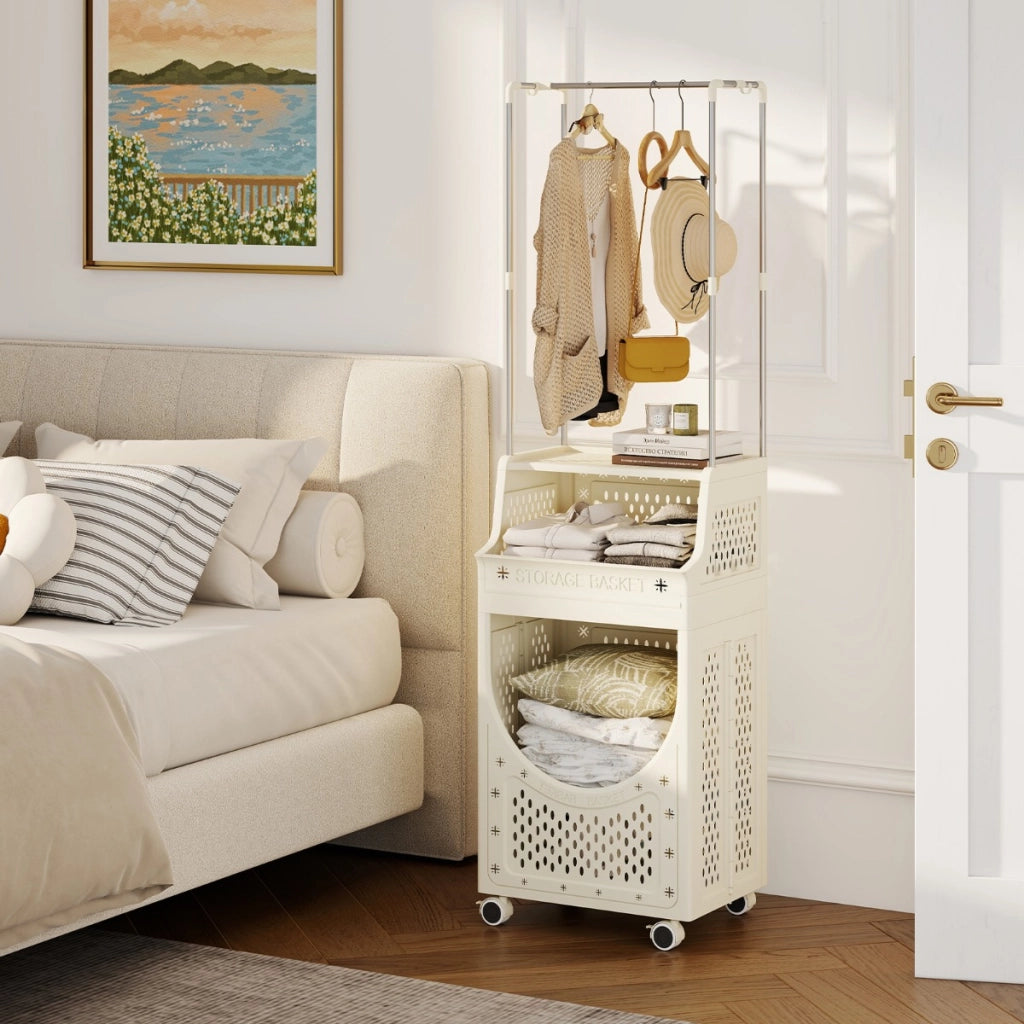 Carrello lavanderia 3 livelli con barra appendiabiti 8 ganci-Scaffale-Carrello lavanderia contenitore pieghevole ruote Beige