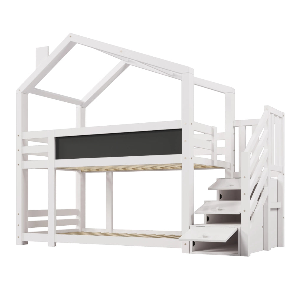 Letto a castello per bambini 90x200 cm stile casa sull’albero con scala contenitore e lavagna, bianco