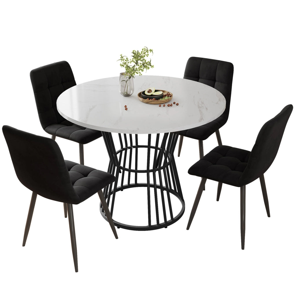 Tavolo da pranzo per 4 persone con 4 sedie in velluto, piano rotondo in MDF effetto marmo, per cucina e sala da pranzo