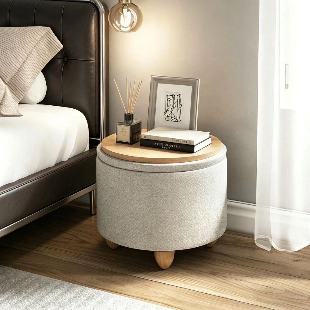 Pouf contenitore rotondo in lino grezzo, crema, con funzione tavolino e struttura in MDF