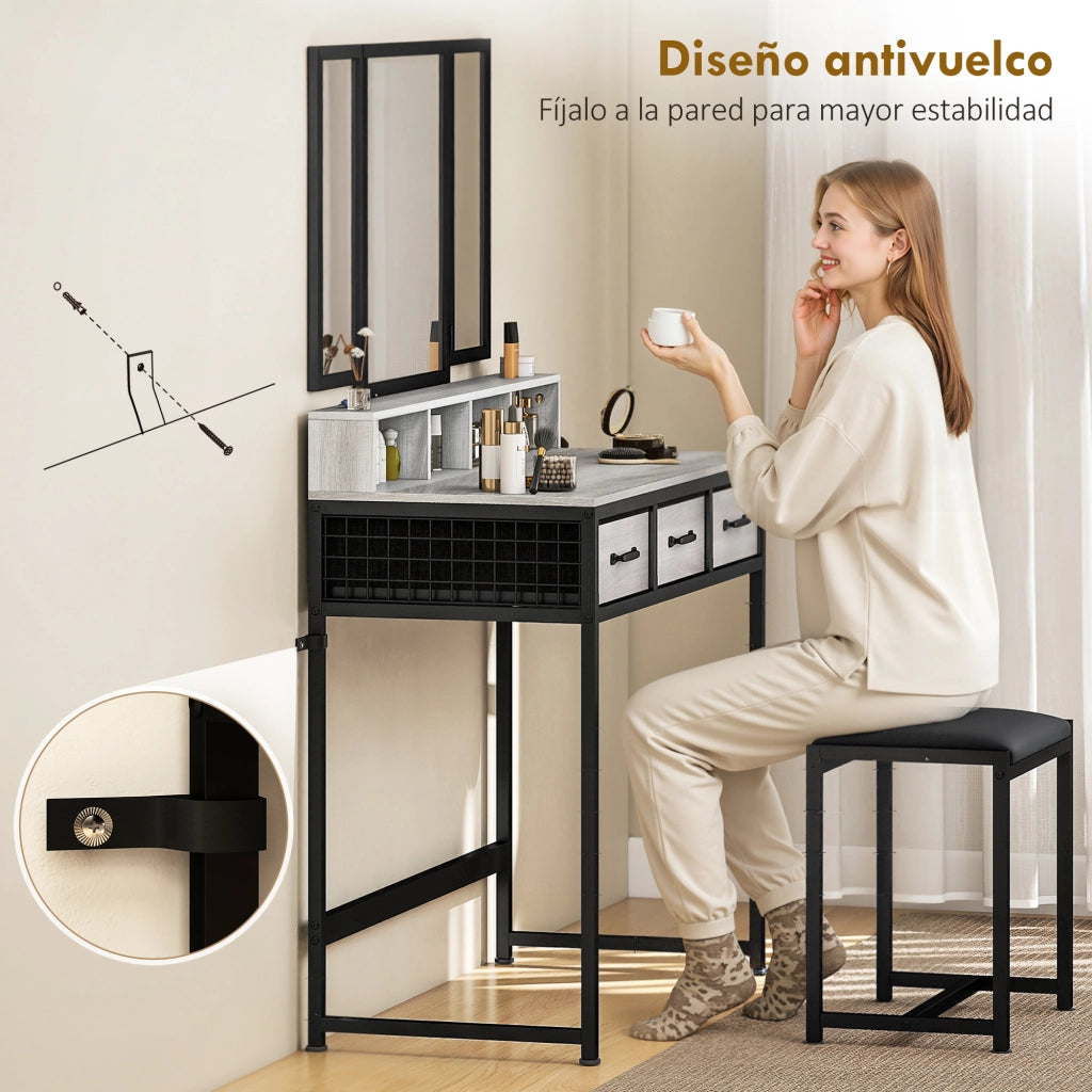 Cassettiera da trucco con specchio trittico e sgabello ¨C zephmum ¨C grigio tessuto 3 cassetti