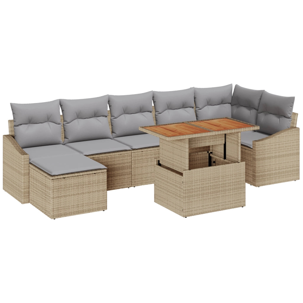 Set da Pranzo da Giardino 8 Pezzi con Cuscini Beige Polyrattan Acacia
