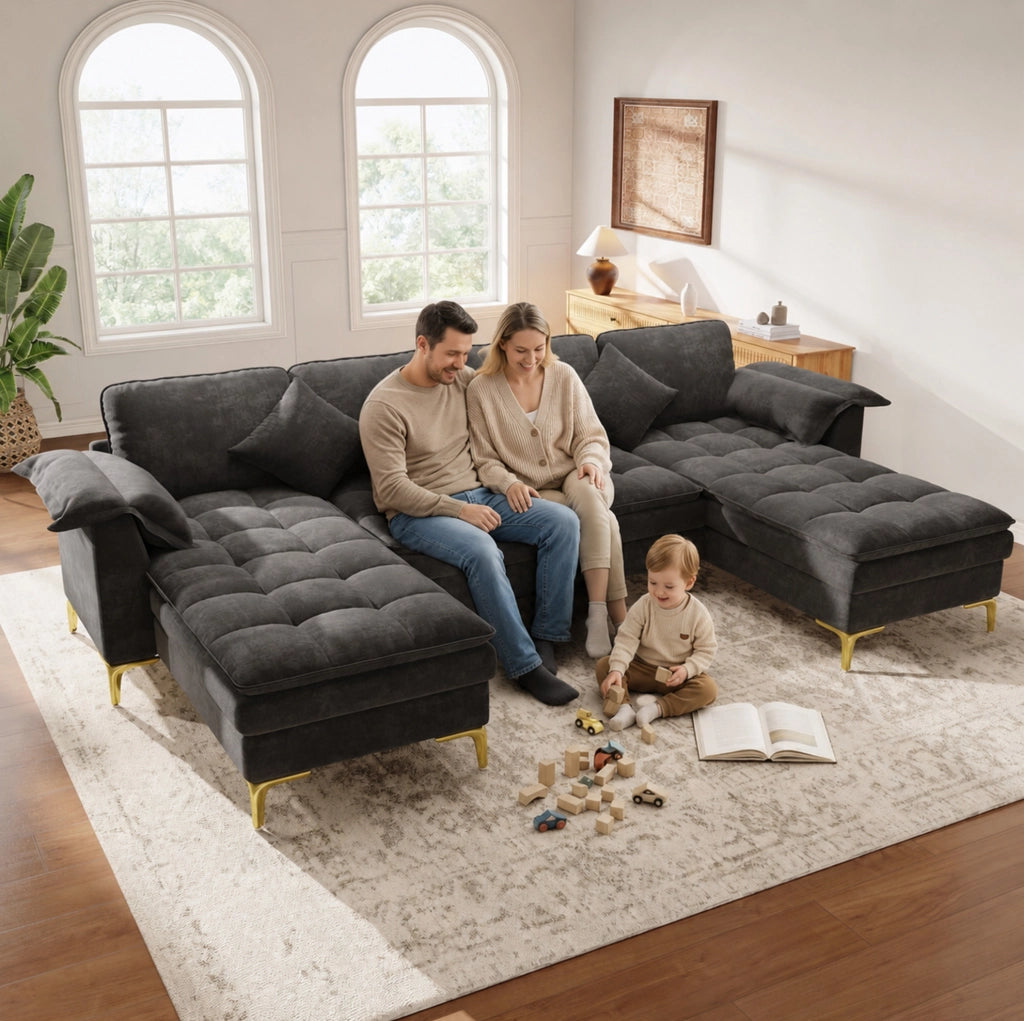 Divano a U modulare 4-5 posti 262 cm in chenille grigio