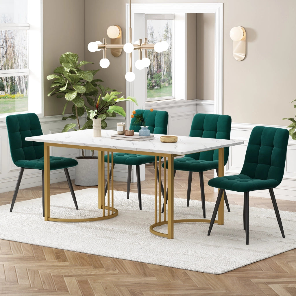 Tavolo da pranzo moderno con 4 sedie in velluto, piano in MDF effetto marmo, gambe in metallo, bianco, 140 × 80 cm