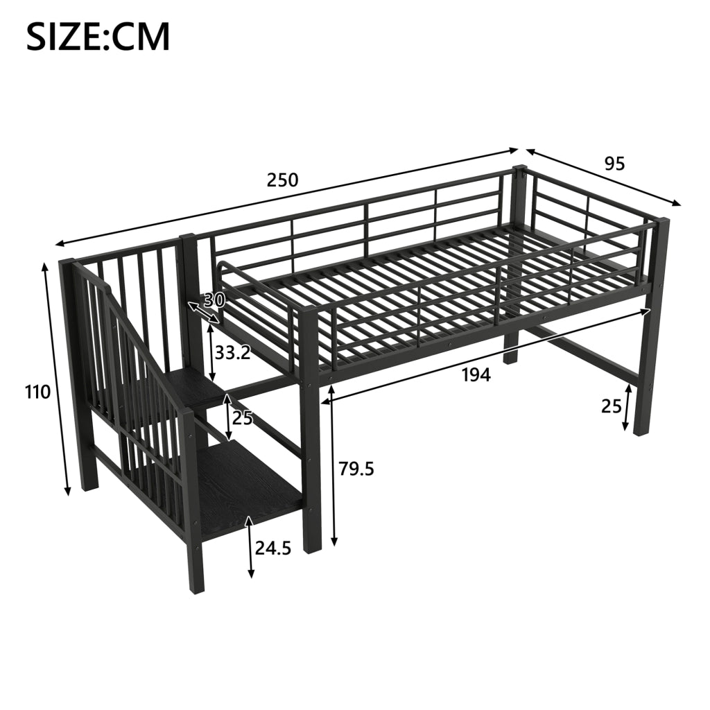 Letto semialto per bambini 90x200 cm con scala contenitore in MDF e metallo nero