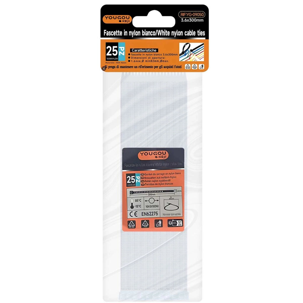 Fascette Stringicavo Autobloccanti 3,6 × 300 mm 25 Pezzi in Nylon Bianco Avizar