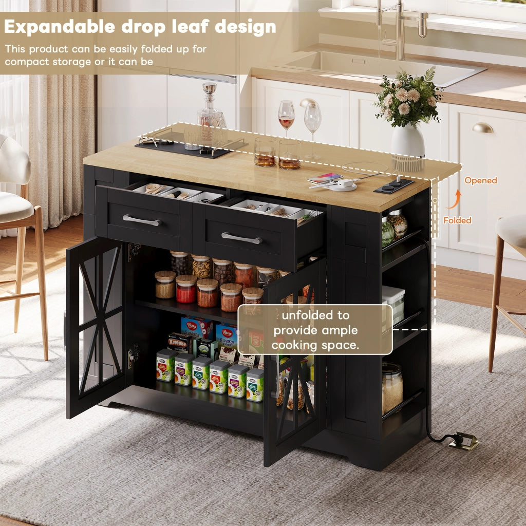 Isola Cucina Portatile con Tavolo Pieghevole ¨C MINIMAL ¨C Legno, Vetro, Ruote, 120 cm