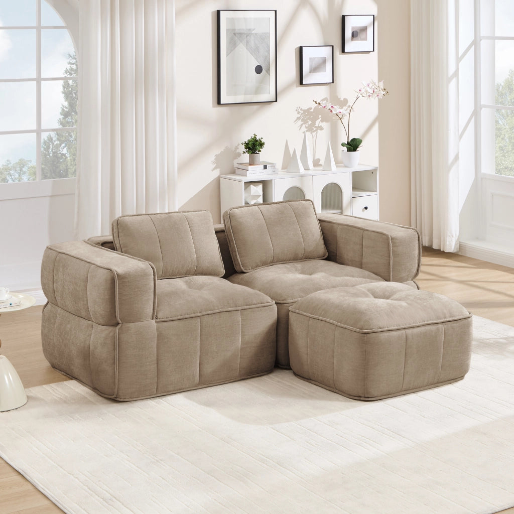 Divano angolare modulare a 2 posti senza struttura con pouf e seduta profonda in poliestere sabbia 198 × 162 × 67 cm