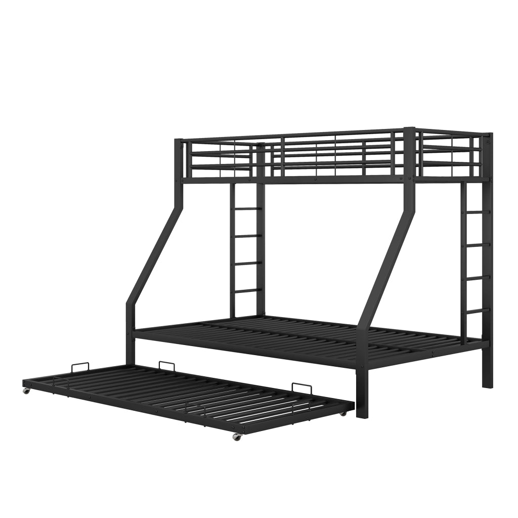 OKWISH Letto a Castello 90×200 cm e 140×200 cm, Letto 3 Posti con Letto Estraibile, 2 Scale e Sponde, senza Materasso, in Metallo, Nero
