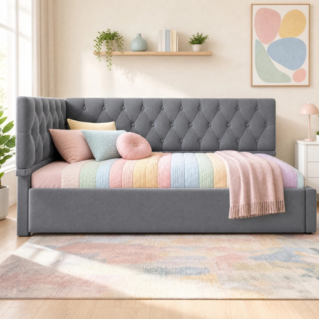 Letto contenitore imbottito in velluto grigio 90x200 cm con struttura in ferro, senza materasso