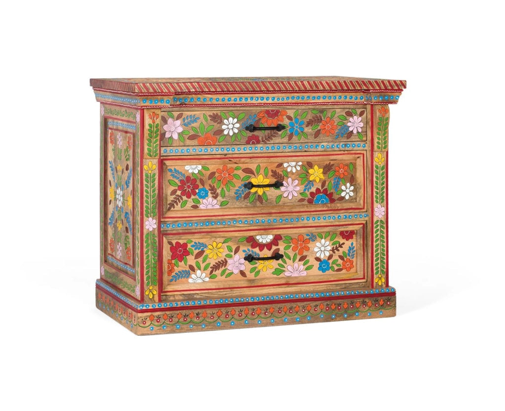 Cassettiera a tre cassetti realizzata in legno di mango dipinto a mano