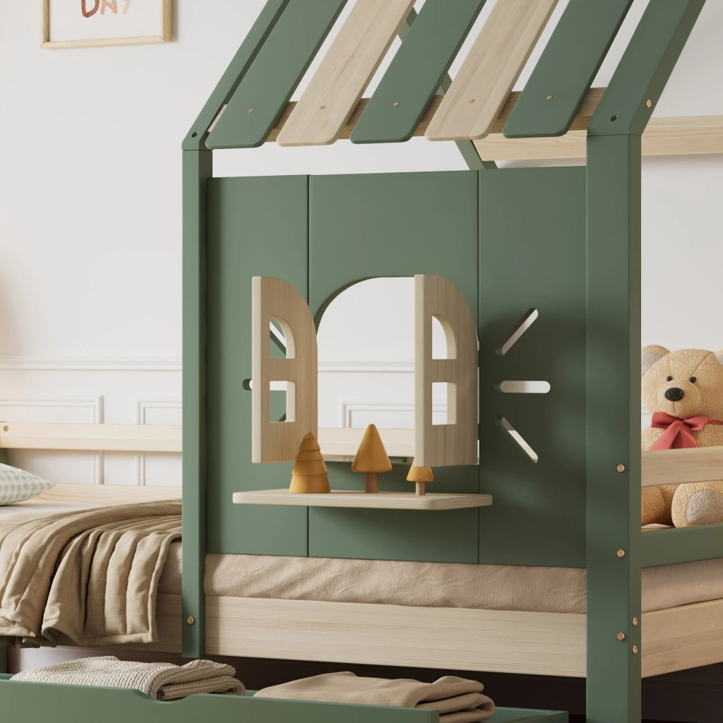 OKWISH Letto a Casetta 90×200 cm, Letto Singolo con 2 Cassetti e Finestra, senza Materasso, in Legno Massello e MDF, Verde