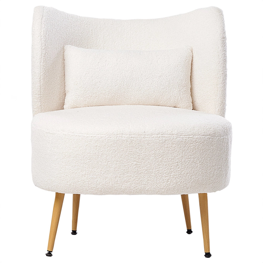 Poltrona Bianco sporco Boucle Tessuto Morbido Nubby Legno Chiaro Gambe Metallo Schienale Curvo Stile Retro Glam Art Decor