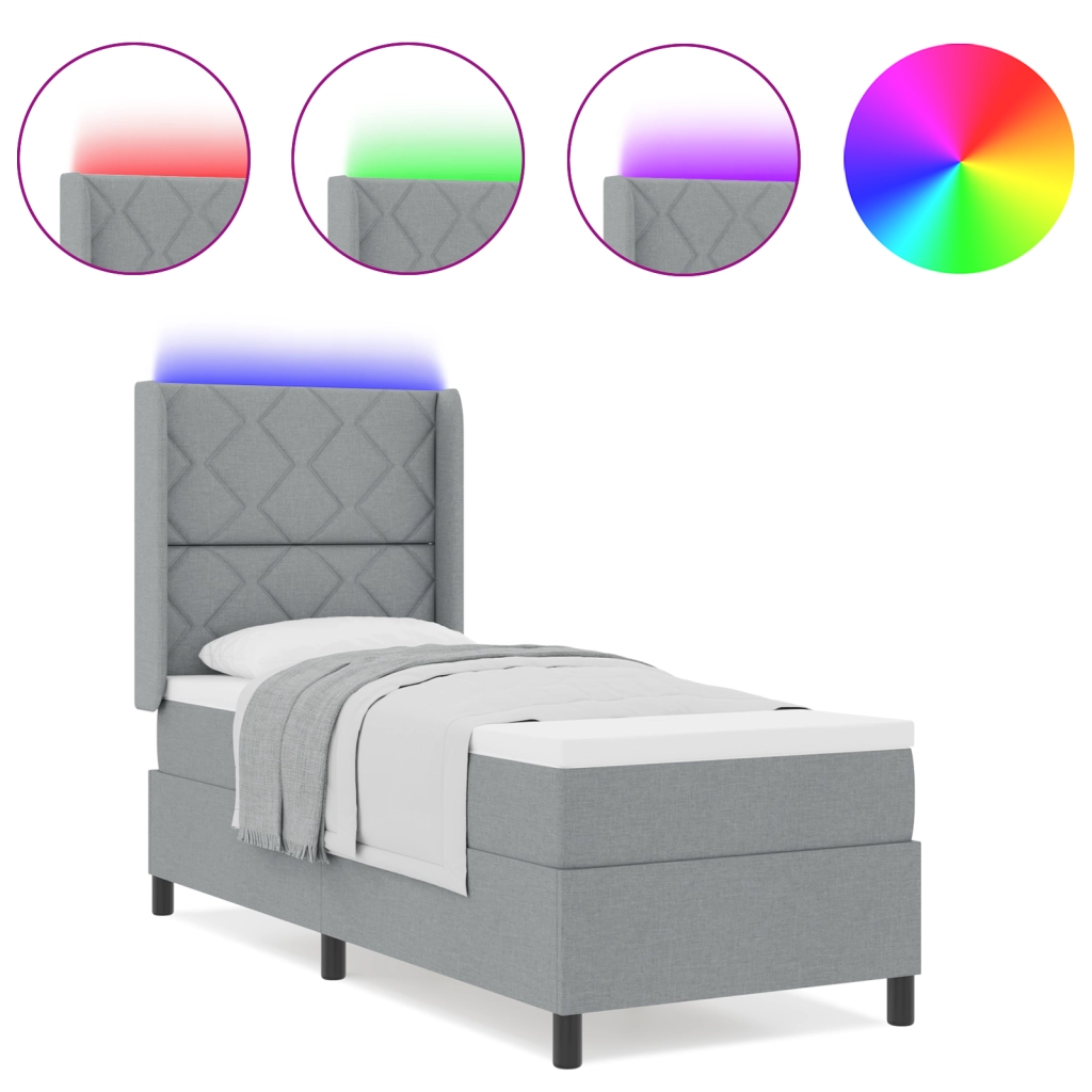Letto a molle con materasso e luce LED grigio chiaro 80x200 cm in tessuto