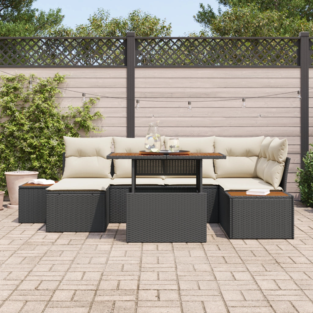 Set Divano da Giardino con Cuscini 7 Pezzi Nero Polyrattan