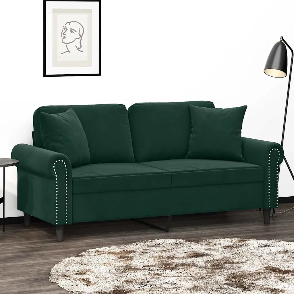 Divano a 2 Posti con Cuscini Verde Scuro 140 cm in Velluto