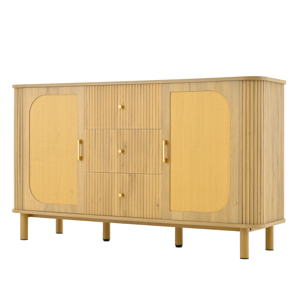 Credenza con 2 Ante in Rattan; 3 Cassetti e 2 Ripiani; Gambe in Metallo Effetto Legno; in MDF; 140??40??80 cm; Naturale