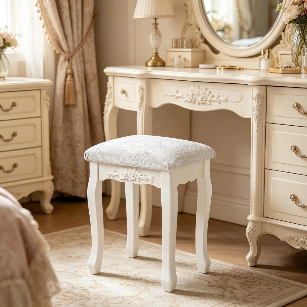 Sgabello da trucco Vintage con seduta imbottita e piedini antiscivolo in MDF, Bianco crema